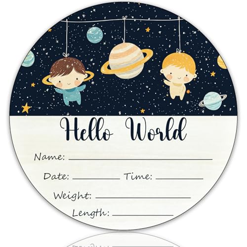 Image of Birth Announcement Sign Hello World Baby Name Wood Space Theme | Round Wood Plaque with Stars & Space Design, Custom Name Date Weight Length Great for Nursery Wall Baby Shower Gifts
