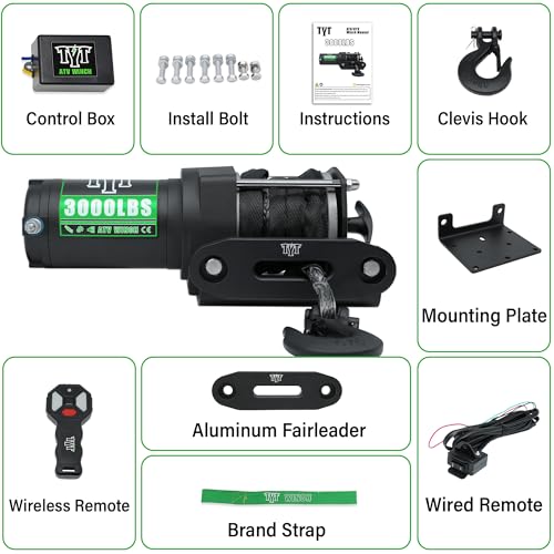 Image of TYT 3000 lb ATV Winch with Wireless Remote and Wired Switch,12V DC Electric Winch Synthetic Winch Rope with Fairlead and Winch Mounting Plate