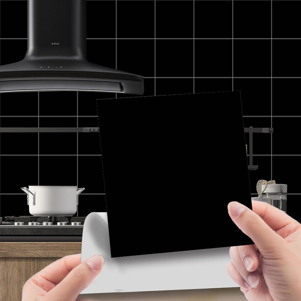 LOMUG Fliesenaufkleber 15x15 cm Klebefliesen Schwarz Selbstklebend Fliesen-Folie für Bad & Küche, 48 Stück Fliesenfolie Wasserfest, Fliesen Aufkleber fliesen überkleben Badezimmer Fliesensticker