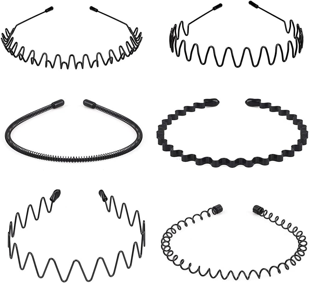 Nomakk 6 Pieces Metal Headbands Wavy Hairband Spring Hair Hoop Sports Fashion Hair Bands Unisex Black Elastic Non Slip Simple Headwear Accessories