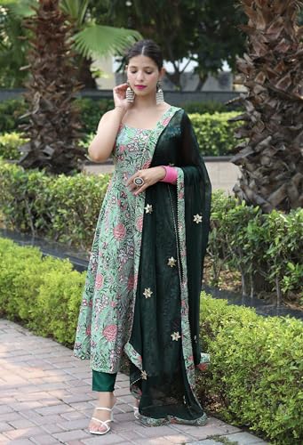Image of GoSriKi Women's Cotton Blend Anarkali Printed Kurta with Pant & Dupatta