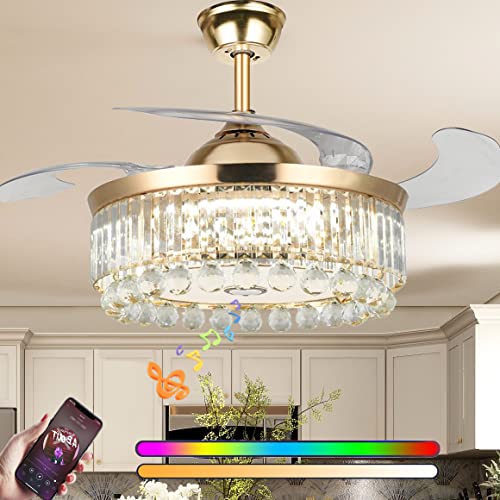 Fandian 42” Modern Ceiling Fan With Lights Remote, Smart Bluetooth Fandelier Crystal Chandelier Fan With Speaker, Rgb Dimmable Lighting, Reverse 6-Speeds Fan For Bedroom #TOP19
