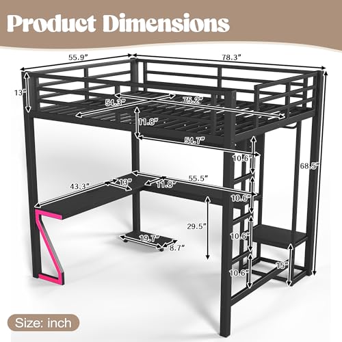 Image of Bellemave Full Size Loft Bed with Desk and USB Ports, Computer Tray, Peg Board LED, Metal Full Loft Bed Frame for Adults, Kids, Teens, Black