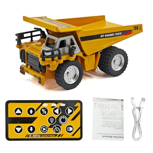 Walmeck 1:64 RC Dump Truck Camion de Construction télécommandé avec Lumières et Son Démo Automatique Croisière Automatique pour Enfants Adultes Jeu Intérieur Extérieur Corps en Alliage