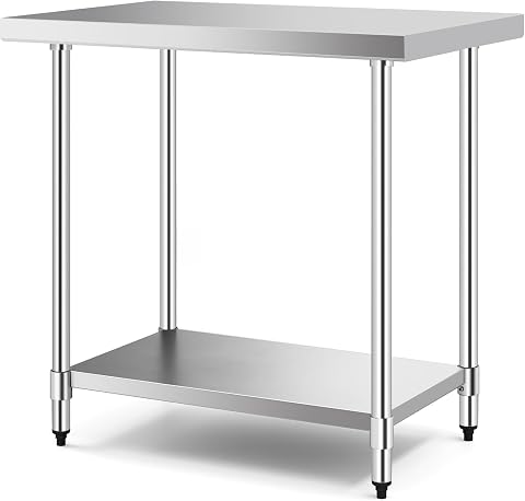 KOMFOTTEU Mesa de Trabajo de Acero Inoxidable, Mesa de Preparación de Comida de 2 Niveles, Mesa de Cocina con Carga de 250 kg, Mueble de Servicio para Restaurante, Comedor (92 x 61 x 90 cm)
