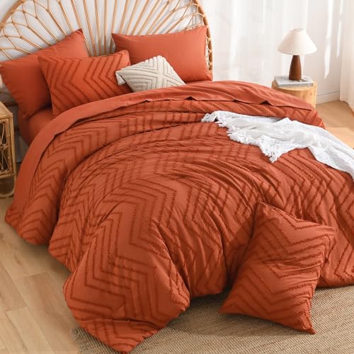 Image of Andency Queen Comforter Set Burnt Orange, 7 Pieces Boho Tufted Terracotta Bed in a Bag, Soft Fluffy Bedding Set with 1 Comforter, 1 Flat Sheet, 1 Fitted Sheet, 2 Pillow Shams, 2 Pillowcases