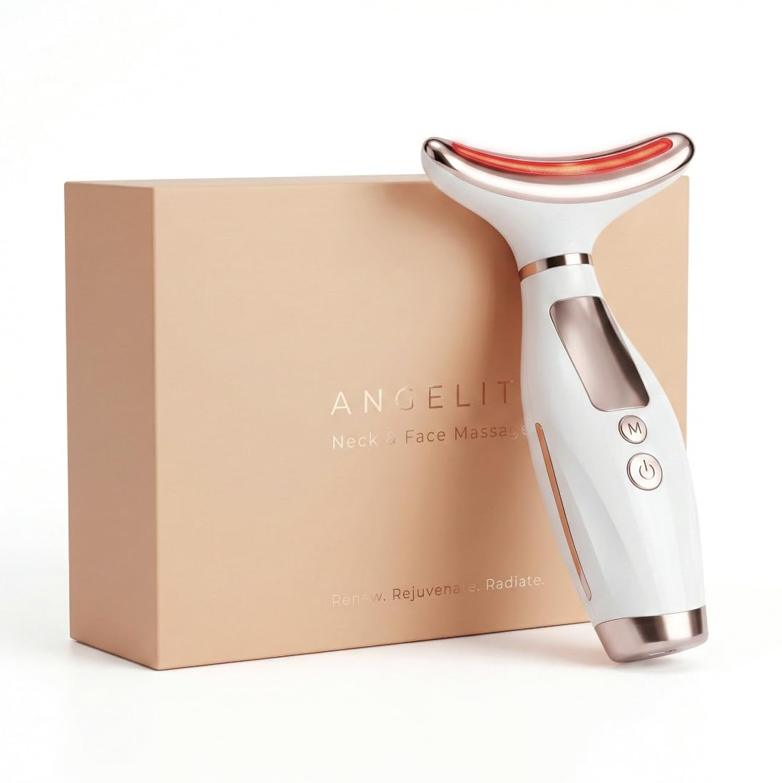 Massaggiatore Viso Angelite, Scolpitore Viso LED & Dispositivo Lifting Facciale per Rassodare & Scolpire, Strumento Rassodante con Calore & Vibrazione per Mascella, Guance & Collo, Garanzia di 2 Anni