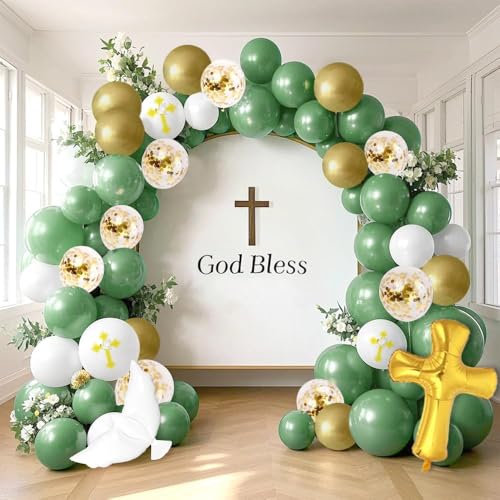 Image of 132Pcs God Bless Baptism Green Balloon Garland Arch Kit First Holy Communion Decoration Christian Party Decor Cross Dove Balloon Girl Mi Bautizo Christening Birthday Baby Shower Party Supplies