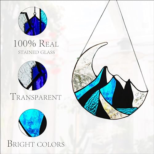 Moon Stained Glass Window Suncatchers - Indoor Window Decor Azure Dream Stained Glass Panels Handcrafted Preassembled Vivid - Real Stained Glass Art - Sun Catcher - Thumbnail 3