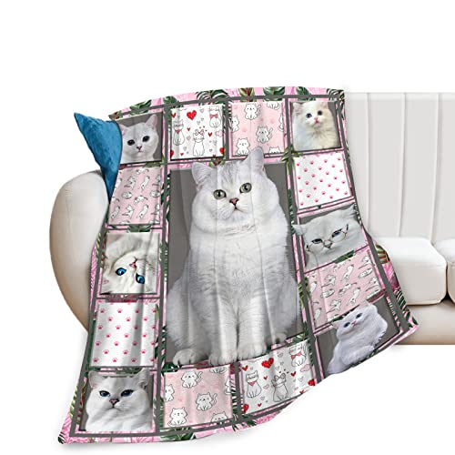 Cat Blanket For Cat Lovers Soft Warm Cute White Cats Fleece Throw Blanket Plush Fuzzy Fluffy Kitten Animal Pets Pattern Gift Flannel Blankets For Kids Adults 50"X40" #TOP7