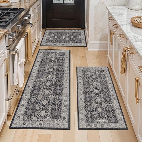 3 Pieces Kitchen Rug Sets: Farmhouse Washable Non-Slip Floor Mat for Sink Stove & Fridge Area Water Resistant Carpet for Laundry Room Entryway Soft Cozy Runners for Kids Pets Family(2x3+2x4+2x5,Black)