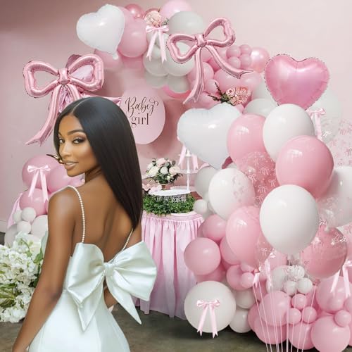 Image of Pink Bow Balloon Party Decor,Pink & White Bow Print Balloons for Girls Just Wanna Be One,Bridal Shower Coquette Birthday Decorations for Girls, Women, Baby Shower