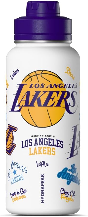 Hydrapeak x NBA Officially Licensed Los Angeles Lakers 32oz Active Water Bottle Chug Lid Stainless Steel Reusable Double Wall Celebrating The City Of Los Angeles
