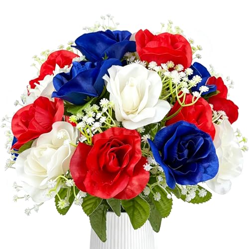 3 Bunches Red White and Blue Flowers Artificial Rose -