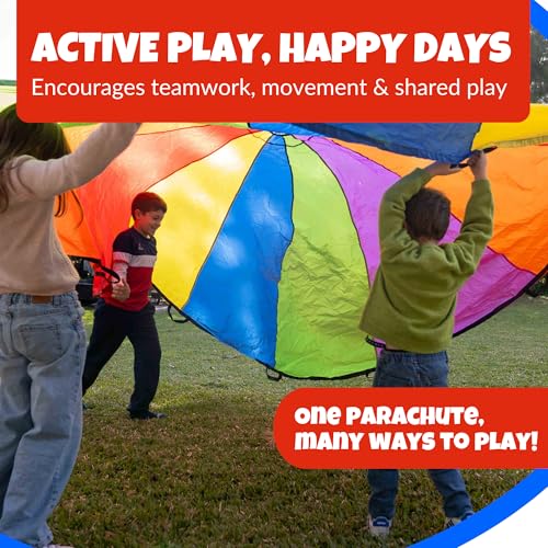 Image of Activejoy - Parachute for Kids - 8ft /12ft / 16ft / 20ft / 24 ft / 30ft - Rainbow Parachute Toy with Handles - Great for Gym Class, Field Day & Outdoor Games