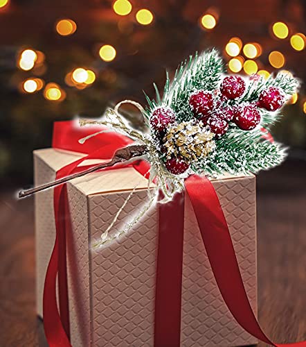 Christmas Berries Red Stems Evergreen Pine Branches 8Pcs, Christmas Picks Spray Artificial Pine Cones Holly Stem Craft, Winter Holiday Floral Picks For Decoration Diy Xmas Garland Wreath Ornaments #TOP3