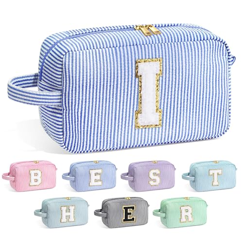 Image of YOOLIFE Initial Cosmetic Bag for Women - Monogram Cute Makeup Bag Cosmetic Case Toiletry Pouch for Women Her Best Friend Sister Teacher, Personalized Birthday Gifts for Women, Blue I