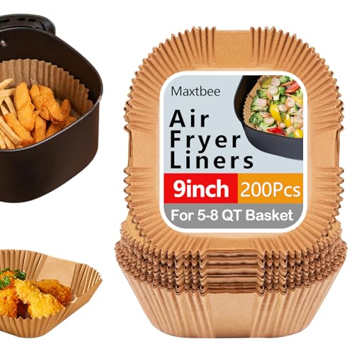 9 Inch Air Fryer Paper Liner Disposable, 200PCS Non-Stick, Oil-Proof & High-Temperature Resistant Square Baking Parchment Paper for Air Fryer, Microwave and Oven(Bottom Is 8 Inch) by MAXTBEE - Used condition - US$13.67