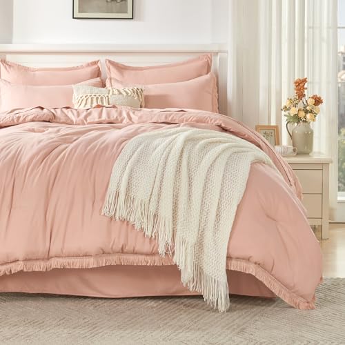 Image of Andency Pink Full Size Comforter Set with Sheets - 7 Pieces Boho Tassel Bed in a Bag Soft Lightweight Bedding Sets, Pink Fringe Bed Set with Comforter, Sheets, Pillowcases & Shams