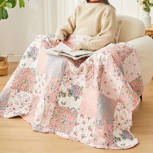 Qucover Single Bedspread, American Style Pink Patchwork Bedspread in Flower Pattern, Lightweight and Breathable Polyester Patchwork Quilt Coverlet Quilted Throw 150x200cm - Cosy Home Interiors Qucover Single Bedspread, American Style Pink Patchwork Bedspread in Flower Pattern, Lightweight and Breathable Polyester Patchwork Quilt Coverlet Quilted Throw 150x200cm - Image 5