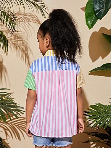 WDIRARA Girl's Striped Short Sleeve Button Front Shirt Collar Blouse Pocket Tops2