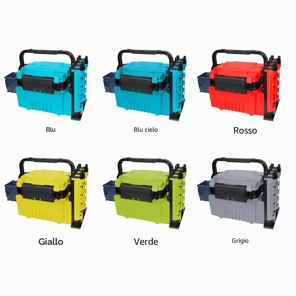 cassetta degli attrezzi portatile da pesca, scatola da pesca da viaggio, scatola con portabottiglie e supporti per canna da pesca