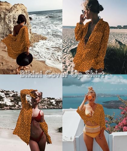 Image of Zoye Chen Women's Bikini Swimsuit Cover Up Button Down V Neck Shirts Long Sleeve Blouse Beachwear Bathing Suit