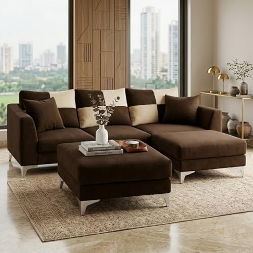 Image of Juliet 4 Seater L Shape Sofa Set with Movable Ottomans | Flexible Layout | Rich Velvet Suede Fabric | Silver Legs | Modern Sofa for Living Room (Dark Brown)