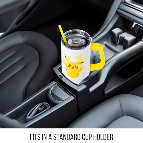 Image of Silver Buffalo Pokemon Double Walled Stainless Steel Tumbler with Handle Featuring Pikachu, Fits in Standard Cup Holder, 40 Ounces