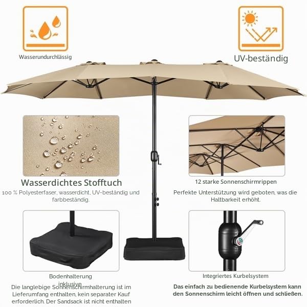 Yaheetech Sonnenschirm mit Kurbel Extra Großartiger Gartenschirm Terrassenschirm mit Basis für Sonnenschutz für Balkon/Terrasse/Garten Kurbelschirm UPF 50+