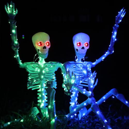 daboot Lot de 2 squelettes lumineux avec lumières LED et 2 yeux rouges, corps complet articulé, décoration d'intérieur pour cour, porche (bleu + vert) – vue 5