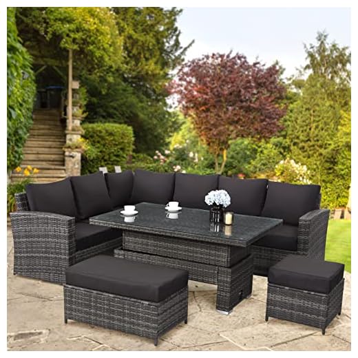 9 Seater Rattan Garden Furniture Set with Height Adjustable Rising Table - Outdoor Furniture Rattan Corner Sofa - Garden Patio Sets - FREE COVER INCLUDED (Dark Grey Mixed with Dark Grey Cushions)