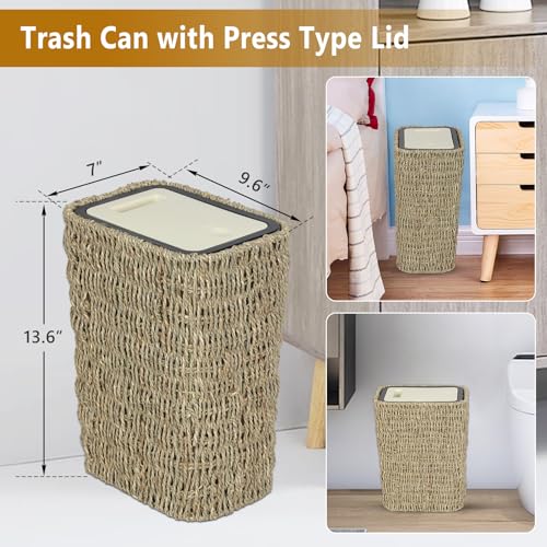 Image of Trongee Boho Trash Can with Lid,3 Gallon Small Rattan Trash Can with Press Top Lid,Slim Wicker Waste Basket and Hamper 2 in 1 for Bathroom,Seagrass Woven Garbage Can Trash Basket for Bathroom,Kitchen