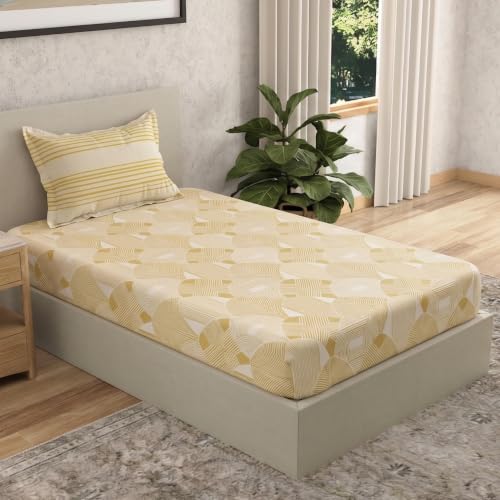Image of Huesland by Ahmedabad Cotton 144 TC Bedsheet for Single Bed with 1 Pillow Cover | Mustard Yellow & Dark Cream