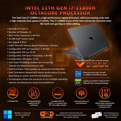 Image of HP Victus 16 Laptop Mica Silver Intel Core i7- 11800H, 16 GB RAM, 1 TB SSD, 16.1 inch 144Hz 300 Nits FHD, 6GB Nvidia GeForce RTX 3060, Windows 11 Home Adv, Wi-Fi 6, 4 Cell, B&O Audio, 64 GB TW Pen Drive