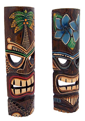 Wowser Hand Crafted Polynesian Hawaiian Style Floral Painted Tiki Masks, Wall Décor, Set Of 2 Assorted Colors,19 Inches #TOP1