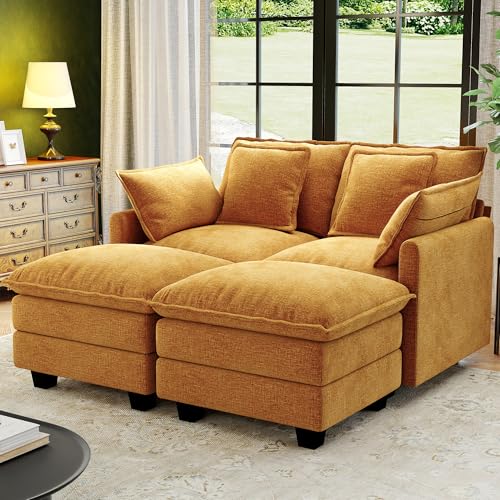 Image of 58 inch Cloud Couch Sectional Modular Sofa, Deep Seat Couches with Ottoman and Removable Washable Pillows for Living Room, Bedroom, Apartment, Orange