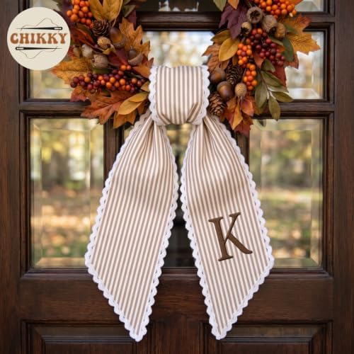 Chikky Fall Wreath Sash for Front Door Decor - Monogram Embroidered Pumpkin Linen Ribbon, Autumn Thanksgiving Decoration - 3