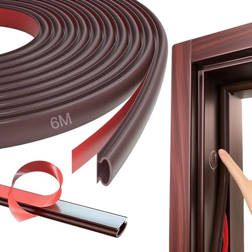 Joint Porte Fenêtre Isolant Froid et Phonique, 6M Joint Porte Caoutchouc Autocollant, Bande d’étanchéité en PVC, Résistant Aux Intempéries, Poussière, Phonique D-Profil. (Brun)