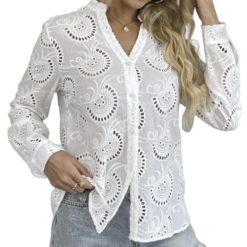 Embroidered Tops for Women Eyelet V Neck Long Sleeve Button Down Shirts2