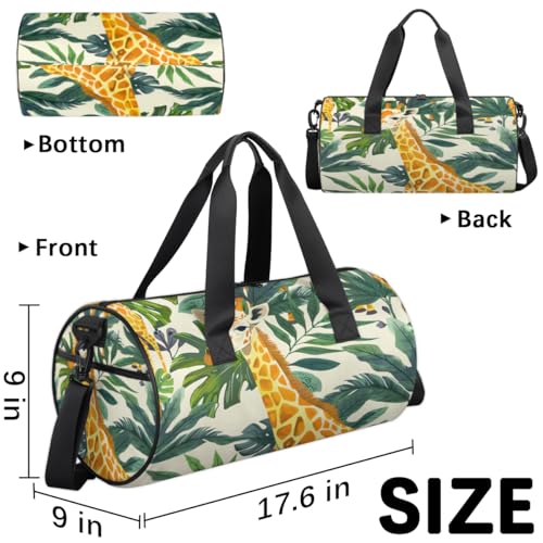 Giraffe and Leaves Round Barrel Sports Fitness Bag, Travel Luggage Bag, Reusable Handbag, Suitable For Men and Women3