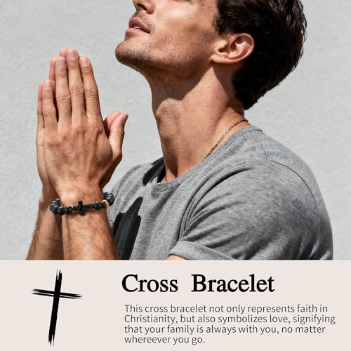 Laeclily Cross Bracelets for Men Beaded Tiger Eye Natural Stone Bracelets Lava Rock Adjustable Black Triple Protection Bracelet Birthday Jewelry Gifts for Men Women,Football — view 4