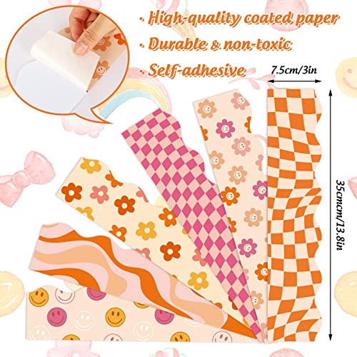 Image of Whaline 82Ft Boho Bulletin Board Borders Retro Groovy Daisy Flower Checkered Scalloped Border Trim Stickers 70s Hippie Preppy Classroom Decor for School Office Party Decoration