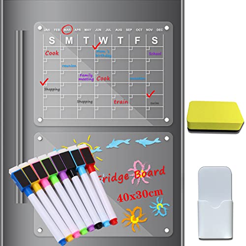 Magnetisk whiteboardtavla i akryl och kalender för kylskåp, 2 st genomskinliga magnetiska whiteboardkalender för kylskåp, återanvändbar kalender whiteboard och anteckningsplaneringstavlor