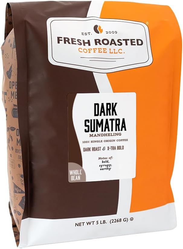 Fresh Roasted Coffee, 100% Dark Sumatra Mandheling Whole Bean Coffee, Dark Roast, Single Origin, Kosher, 5 lb (80 oz)
