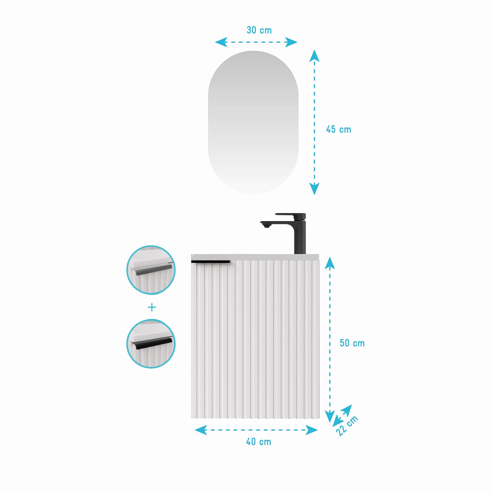 AURLANE Ensemble Meuble Lave Mains MDF ondulé Blanc 40x50x22cm et Miroir Ovale - Milo