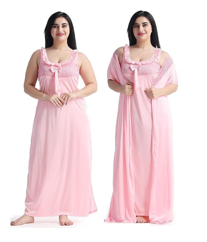 Women Nighty with Robe,Satin Nightwear Set, V-Neck Lace Trim, Floor Length, 2 Pieces