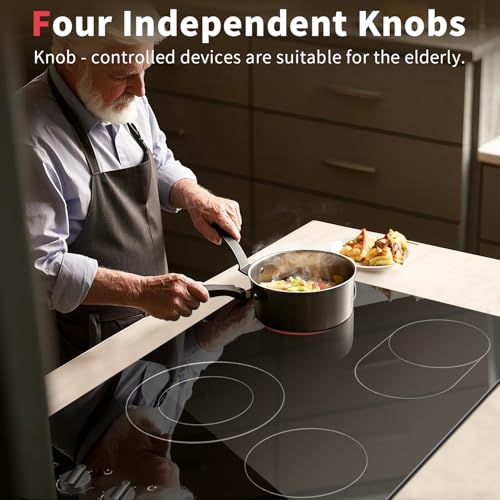Image of Noxton 4 Burner Electric Cooktop 30 Inch, Knob Control Ceramic Cooktop, 30 inch Radiant Electric Stove Top with Extended Zone, Hot Surface Indicator,9 Power Levels, 32Amps 220-240v Hard Wire(No Plug)