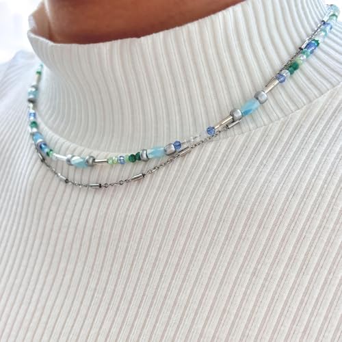 Beaded Necklace for Women Trendy, Boho Beaded Glass Silver Mixed Strand Short Necklace for Women Stacking layered necklaces Summer Beach Jewelry4