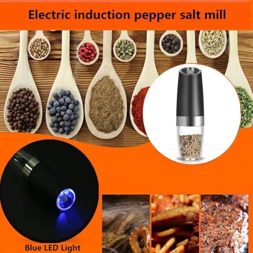Electric Salt and Pepper Grinder Set, Gravity Sensor, Automatic Pepper Mill, One Hand Operation, Battery-Operated with Adjustable Coarseness, Blue Led Light (Black 2 Pack)